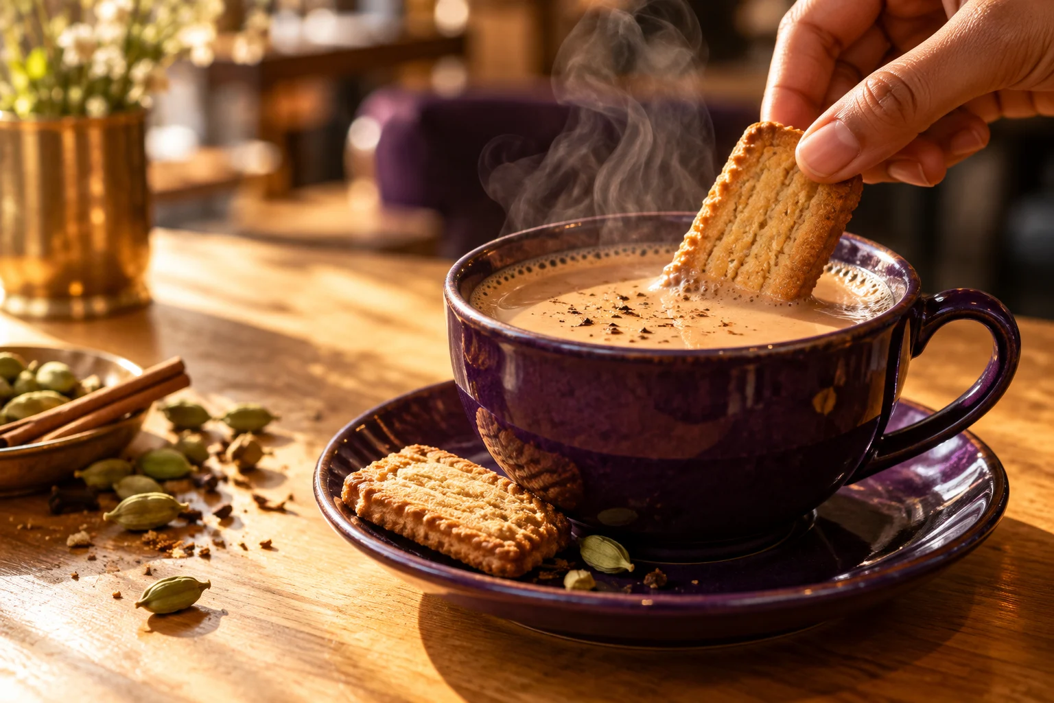A golden biscuit dipped into a steaming purple cup of masala chai